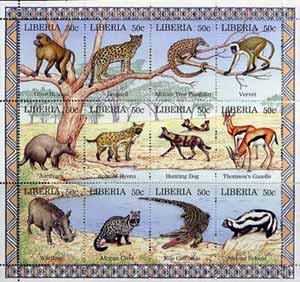 Liberia 1996 Animals perf sheetlet containing complete set of 12 values unmounted mint