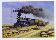 Liberia 1995 Locomotives $1 m/sheet (4-4-0 Loco No. 11 Reno with Stage Coach alongside) unmounted mint