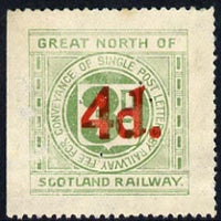 Cinderella - Great Britain 1925 Great North of Scotland Railway 4d in red on 3d green letter stamp (disturbed gum)*