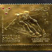 Sharjah 1968 Winter Olympics 1r (Skiing) perf embossed in gold foil with symbol embellished in red unmounted mint, Mi 464A