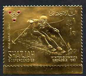 Sharjah 1968 Winter Olympics 1r (Skiing) perf embossed in gold foil with symbol embellished in red unmounted mint, Mi 464A