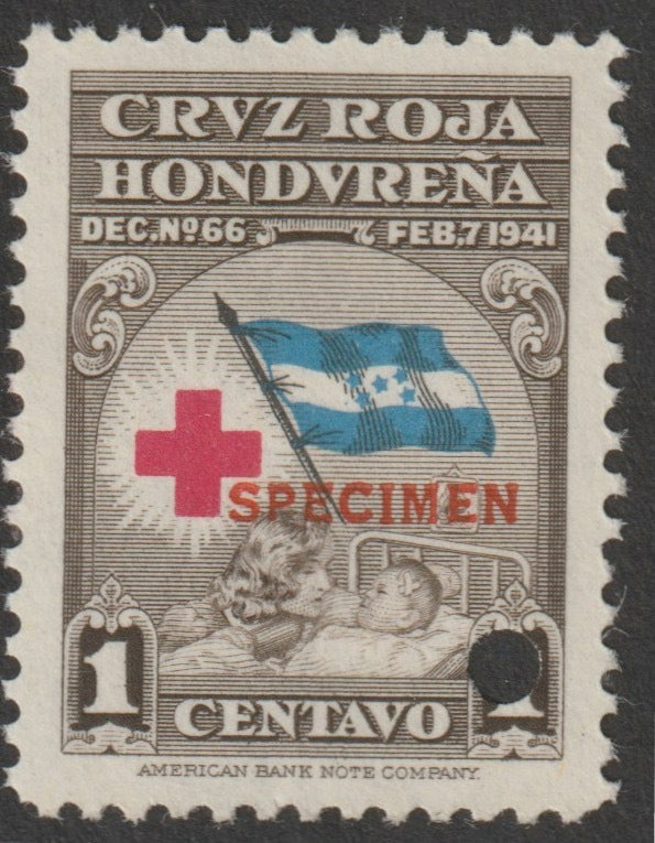 Honduras 1945 Obligatory Tax - Red Cross 1c brown, blue & red unmounted mint optd SPECIMEN with security punch hole (ex ABN Co archives) SG 456*