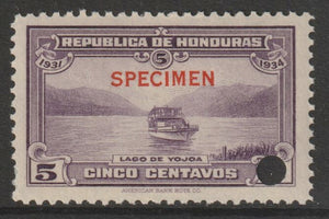 Honduras 1931 Boat on Lake Yojoa 5c unmounted mint optd SPECIMEN (13mm x 2mm) with security punch hole (ex ABN Co archives) SG 321