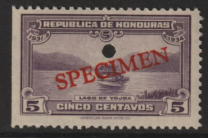 Honduras 1931 Boat on Lake Yojoa 5c unmounted mint optd SPECIMEN (20mm x 3mm) with security punch hole (ex ABN Co archives) SG 321