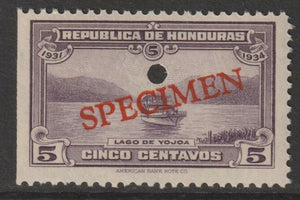 Honduras 1931 Boat on Lake Yojoa 5c unmounted mint optd SPECIMEN (20mm x 3mm) with security punch hole (ex ABN Co archives) SG 321