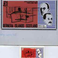 Bernera 1979 Flight Anniversary of Wright Brothers (1868 Triplane) - Original artwork for souvenir sheet (£1 value) comprising coloured background on board (160 mm x 85 mm) with overlay, plus issued label