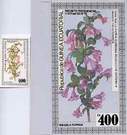 Equatorial Guinea 1979 Flowers (Weigela) - Original artwork for m/sheet (400ek value) comprising coloured illustration on board (105 mm x 190 mm) with overlay, plus issued m/sheet