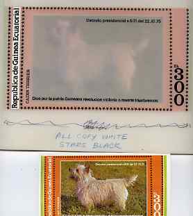 Equatorial Guinea 1978 Dogs (Cairn Terrier) - Original artwork for m/sheet (300ek value) comprising coloured illustration on board (195 mm x 105 mm) with overlay, plus issued m/sheet