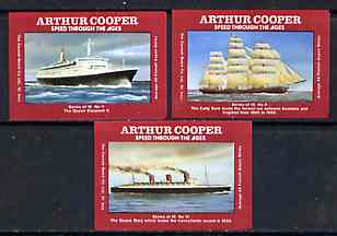 Match Box Labels - Ships set of 3 (QE2, Queen Mary & Cutty Sark) from 'Speed Through The Ages' set of 18, superb unused condition (Arthur Cooper Series)