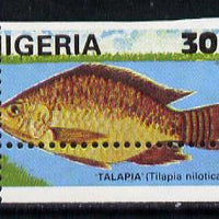 Nigeria 1991 Fishes 30k (Talapia) unmounted mint single with vert & horiz perfs misplaced, divided along margins so stamp is quartered (as SG 614)*