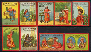 Match Box Labels - complete set of 9 Indian Tea Ladies superb unused condition (Swedish)