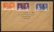 Sierra Leone 1937 KG6 Coronation set of 3 on cover with first day cancel addressed to the forger, J D Harris.,Harris was imprisoned for 9 months after Robson Lowe exposed him for applying forged first day cancels to Coronation covers (details supplied).