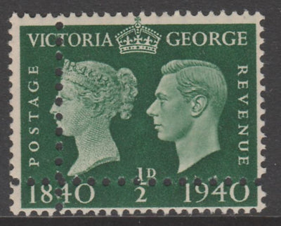 Great Britain 1940 Stamp Centenary 1/2d green unmounted mint with perforations doubled (stamp is quartered) interesting forgery. Note: the stamp is genuine but the additional perfs are a slightly different gauge identifying it to be a forgery.