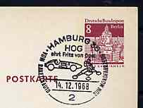 Postmark - West Berlin 1968 8pfg postal stationery card with special Hamburg cancellation for 'From Rocket Car to Moon Vehicle' Stamp Exhibition, Hamburg illustrated with Rocket Car & Moon Vehicle