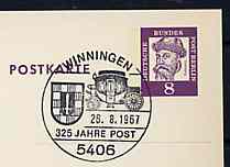 Postmark - West Berlin 1967 8pfg postal stationery card with special cancellation for 350 Years of the Post in Winningen illustrated with Mailcoach & Towns Arms