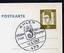 Postmark - West Berlin 1967 postcard with special cancellation for 225 Years of the Post in Ahlen illustrated with Towns Arms