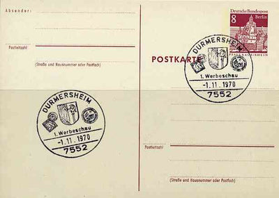 Postmark - West Berlin 1970 8pfg postal stationery card with special Durmersheim cancellation Stamp & Coin Show illustrated with Town's Arms, Baden 3kr stamp & Olympic Coin