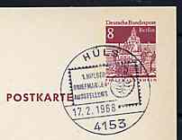 Postmark - West Berlin 1968 8pfg postal stationery card with special Hüls cancellation for First Hüls Stamp Exhibition illustrated with stylised stamp & arms of Hüls