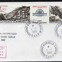 French Southern & Antarctic Territories 1986 Death Anniversary of Jean Charcot (explorer) strip of 2 plus label,on illustrated cover with first day cancel, SG 214a