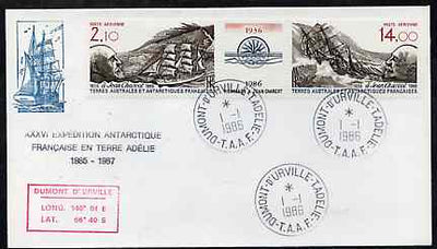 French Southern & Antarctic Territories 1986 Death Anniversary of Jean Charcot (explorer) strip of 2 plus label,on illustrated cover with first day cancel, SG 214a