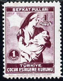 Turkey 1945 Obligatory Tax 1k (Nurse Holding Baby) unmounted mint with red (star) omitted, unlisted by Gibbons (SG T1354var)