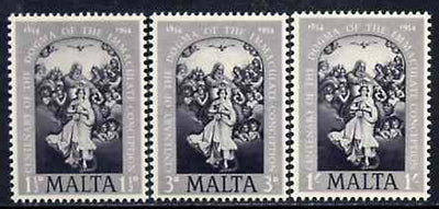 Malta 1954 the Immaculate Conception perf set of 3 in black specially produced for the Penrose book, marked on reverse 'Reproduction only, No Postal or Philatelic value' unmounted mint