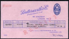 Cinderella - Receipt from Butterworth & Co (Publishers) imprinted with 2d blue oval stamp