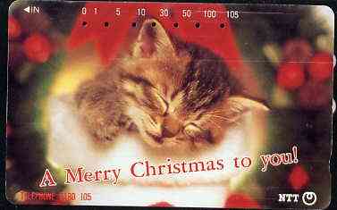 Telephone Card - Japan 105 units phone card showing Sleeping Kitten with 'A Merry Christmas To You' (card dated 19.10.1992)