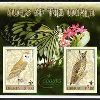 Liberia 2005 Owls of the World imperf sheetlet containing 2 values unmounted mint (Butterfly & Scouts Logo in background)