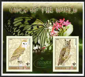 Liberia 2005 Owls of the World imperf sheetlet containing 2 values unmounted mint (Butterfly & Scouts Logo in background)