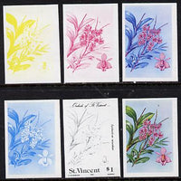 St Vincent 1985 Orchids $1 (SG 852) set of 6 imperf progressive proofs comprising the 4 individual colours plus 2 & 3-colour composites, unmounted mint. NOTE - this item has been selected for a special offer with the price significantly reduced