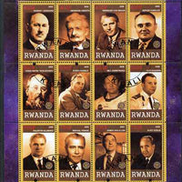 Rwanda 2009 Great Space Explorers & Scientists perf sheetlet containing 12 values cto used each with Rotary Logo (Goddard, Von braun, Hubble,Armstrong, Gagarin, van Allen etc)