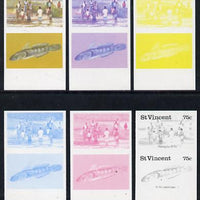 St Vincent 1986 Freshwater Fishing (Tri Tri) 75c set of 6 imperf progressive proofs in se-tenant pairs comprising the 4 individual colours plus 2 & 3-colour composites (as SG 1045a) unmounted mint