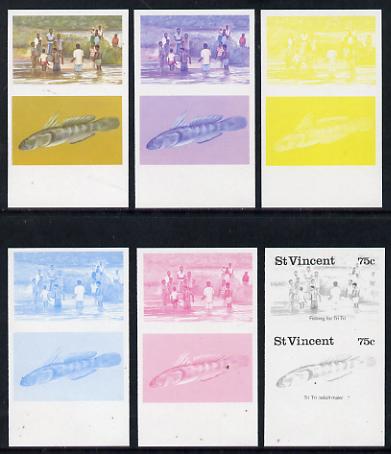 St Vincent 1986 Freshwater Fishing (Tri Tri) 75c set of 6 imperf progressive proofs in se-tenant pairs comprising the 4 individual colours plus 2 & 3-colour composites (as SG 1045a) unmounted mint