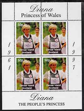 Davaar Island 1998 Diana, The People's Princess perf sheetlet containing 4 x 50p values (Wearing Red Cross Bullet-proof Vest) opt'd In Memorium, 1st Anniversary unmounted mint