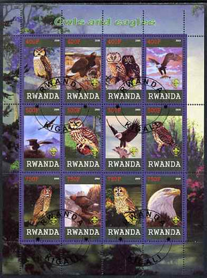 Rwanda 2009 Owls and Eagles perf sheetlet containing 12 values cto used each with Scout Logo