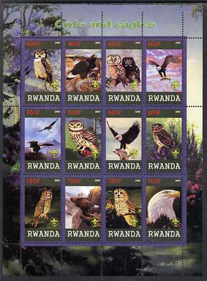 Rwanda 2009 Owls and Eagles perf sheetlet containing 12 values unmounted mint each with Scout Logo