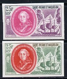 St Pierre & Miquelon 1970 Celebrities 25f Etienne Francois & Warships two different IMPERF colour trial proofs unmounted mint (SG 488)