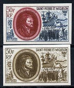 St Pierre & Miquelon 1970 Celebrities 50f Jacques Cartier & Grande Hermine two different IMPERF colour trial proofs unmounted mint (SG 489)