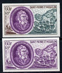 St Pierre & Miquelon 1970 Celebrities 60f Sebastien Le Gonard de Sourdeval & 17th cent French Galleons two different IMPERF colour trial proofs unmounted mint (SG 490)