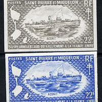 St Pierre & Miquelon 1971 French Naval Patrol Vessels 22f 'HMS Aconit' two different IMPERF colour trial proofs unmounted mint (SG 495)