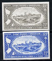 St Pierre & Miquelon 1971 French Naval Patrol Vessels 22f 'HMS Aconit' two different IMPERF colour trial proofs unmounted mint (SG 495)