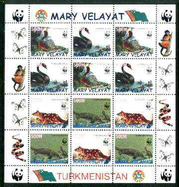 Turkmenistan (Mary Velayat) 1998 WWF - Wild Animals & Birds perf sheetlet containing complete set of 12 (3 sets of 4) unmounted mint