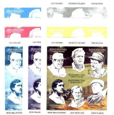 Touva 1995 Golf Legends sheetlet containing set of 6, the set of 7 imperf progressive proofs comprising the 4 basic colours plus 2, 3 and all 4-colour composites, unmounted mint