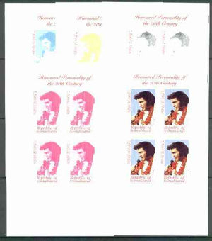 Somaliland 1999 Great People of the 20th Century - Elvis Presley sheetlet containing 4 x 7,500 sl values,,the set of 5 imperf progressive proofs comprising the 4 individual colours, plus all 4-colour composite unmounted mint