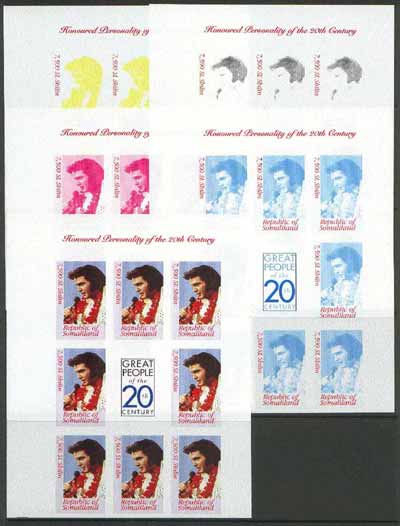 Somaliland 1999 Great People of the 20th Century - Elvis Presley sheetlet containing 8 x 7,500 sl values plus label,,the set of 5 imperf progressive proofs comprising the 4 individual colours, plus all 4-colour composite unmounted mint