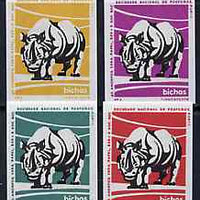 Match Box Labels - Rhino from Portuguese Wildlife set with 4 diff background colours, fine unused condition (4 labels)