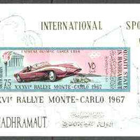 Aden - Qu'aiti 1967 Monte Carlo Rally imperf m/sheet unmounted mint, Mi BL 14B