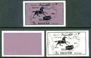 Dhufar 1972 Horse & Map definitive 3b value imperf set of 3 progressive proofs comprising a) main design in black, b) purple rectangular background & c) composite design unmounted mint