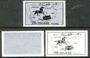 Dhufar 1972 Horse & Map definitive 20b value imperf set of 3 progressive proofs comprising a) main design in black, b) silver rectangular background & c) composite design unmounted mint